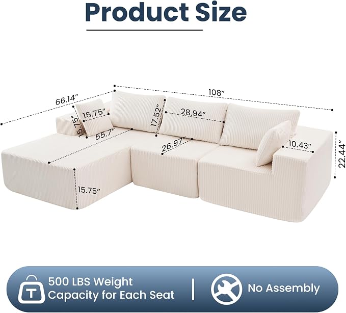 DUMOS 108” Modular Sectional Sofa, Cloud Sectional Couch - Image 2