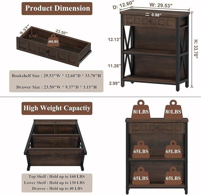 FATORRI Small Bookcase with Drawer, Industrial 3 Shelf Bookshelf, Wood and - Image 2