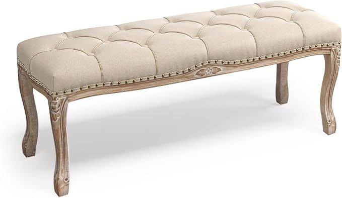 Cozyman Bedroom Bench, French Vintage Tufted Entryway Bench, 45.2" Carving by COZYMAN