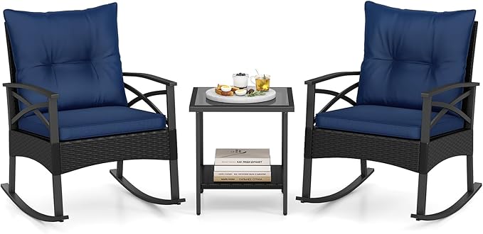 Tangkula 3 Pieces Outdoor Rocking Chairs Set, Rattan Heavy Duty Cushioned by TANGKULA