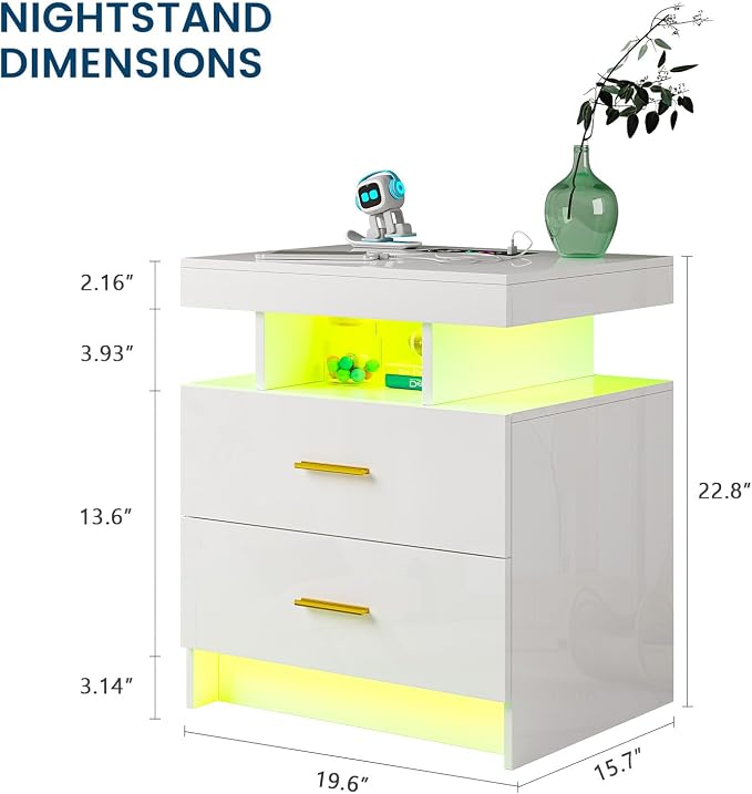 HNEBC Nightstand Set of 2 with Charging Station, Auto LED Night Stand with - Image 2