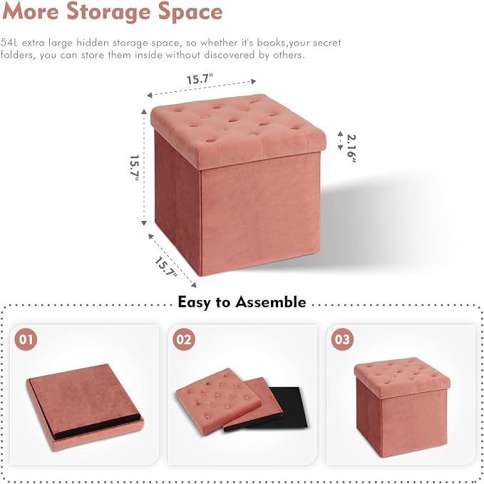 B FSOBEIIALEO Storage Ottoman Cube, Velvet Tufted Folding Ottomans - Image 3