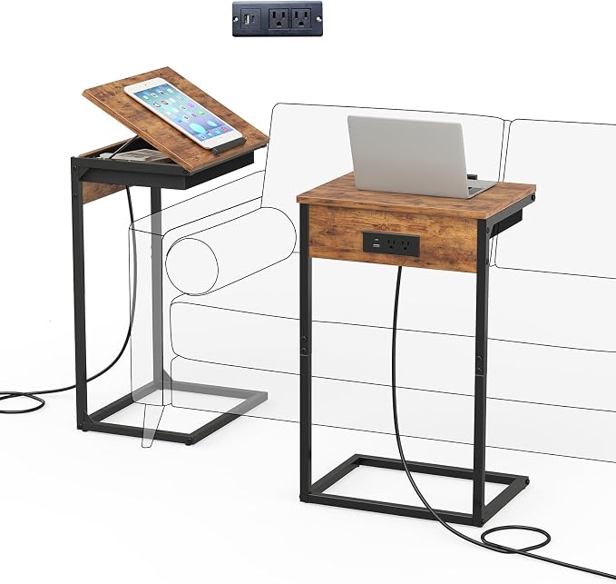 sthmec C Shaped End Table with Charging Station, 45° Tiltable Adjustable Flip by Unknown