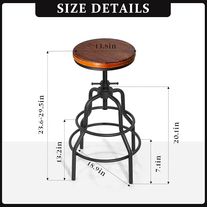 Industrial Vintage Counter Stool, Kitchen Counter Height Adjustable Swivel Chair - Image 2