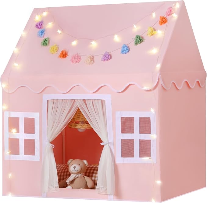 Kids Play Tent Indoor: with Mat, Tassel Garland, Star Lights by Senodeer