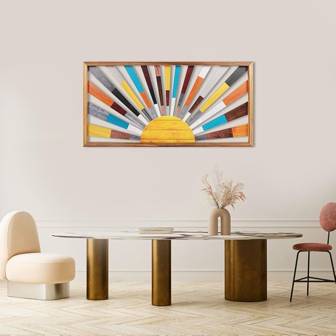 IARTTOP Large Boho Sun Wall Art Framed Wooden Art Wall Decor Rainbow Sun Rising - Image 9