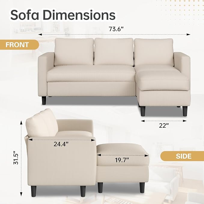 JAMFLY Sectional Sofa for Living Room, 3-Seat Reversible Couch - Image 2