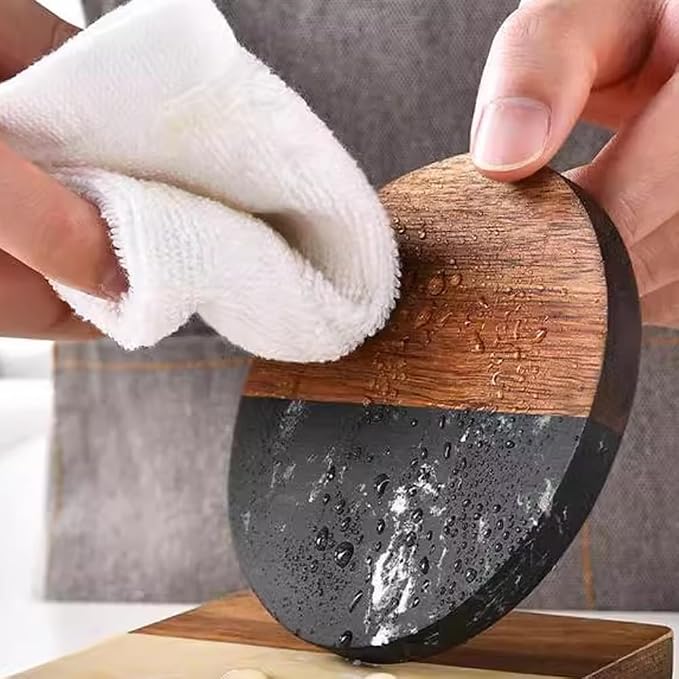 I-LAN 4-Pack Black Marble and Acacia Wood Coasters, 4-Inch Round Modern Drink - Image 4