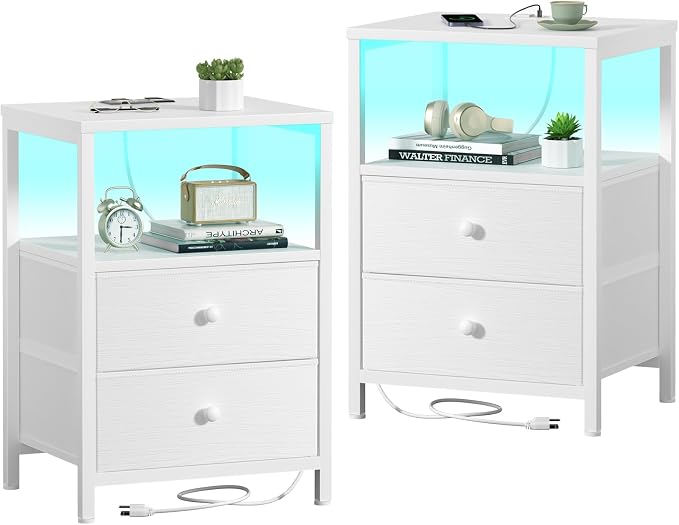 BOLUO White Nightstands Set of 2, Bedroom Night Stand Set Two Nightstand by BOLUO