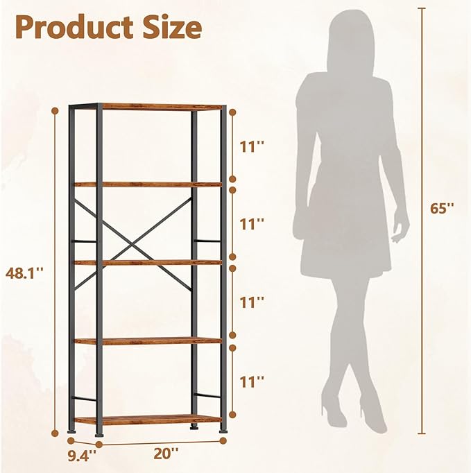 Furologee 5 Tier Book Shelf Set of 2, Tall Wide Bookshelf, Industrial Open - Image 3