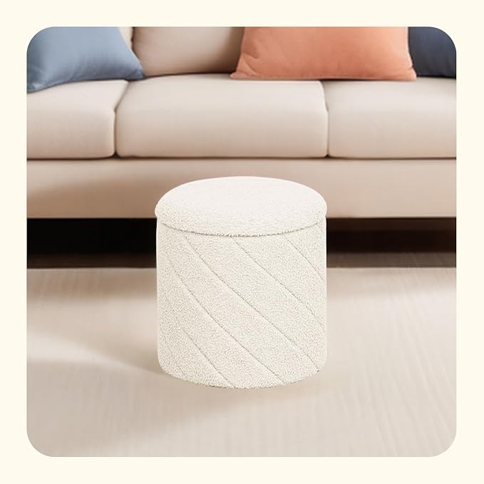 PINPLUS Ottoman with Stroage Round Boucle Ottoman and Tray Sherpa Removable - Image 6