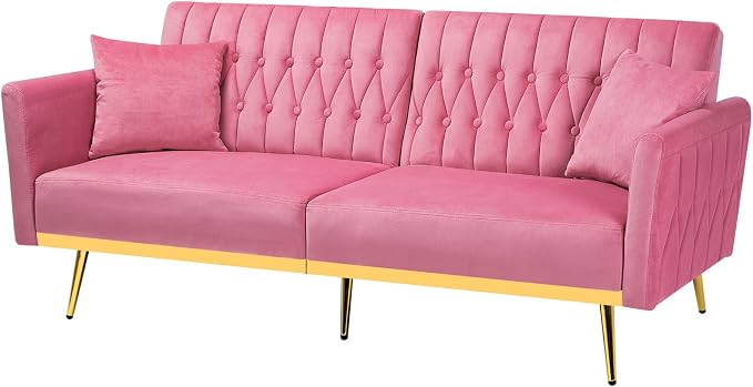 70” Velvet Futon Sofa Bed with 2 Pillows and Adjustable Armrests, Convertible - Image 8