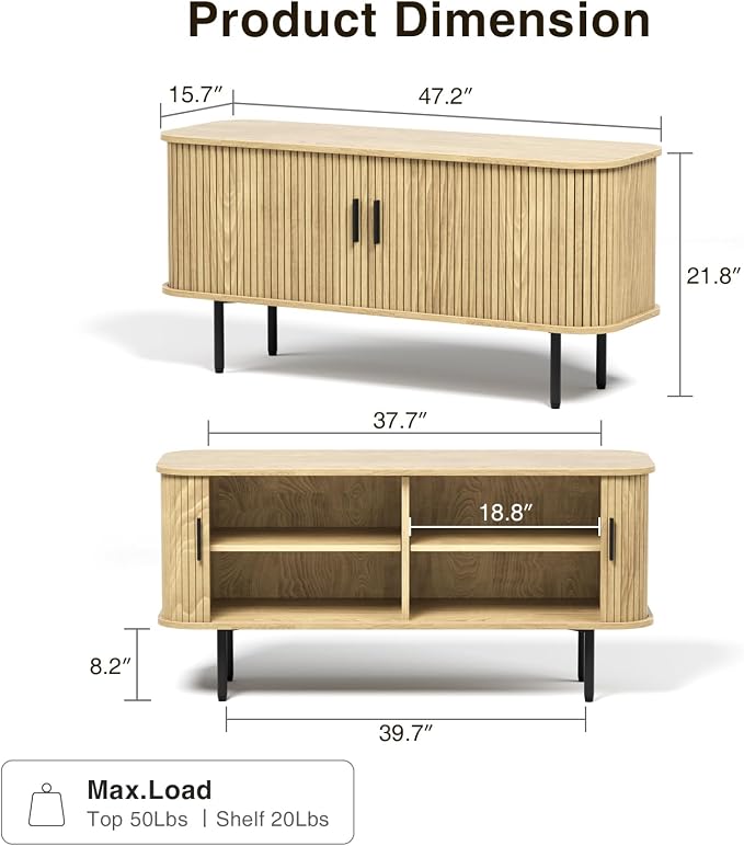 47''W Natural Storage Cabinet, Media Console, Tambour TV Stand; Sliding Door - Image 2