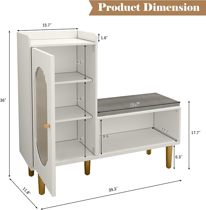 HLR Storage Bench with Glass Door&Shelf, Modern Entryway Shoe Cabinet Bench - Image 2