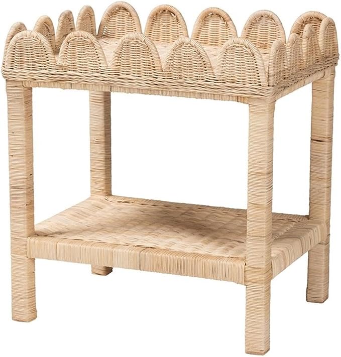 Pemberly Row Bohemian Scallop Side Table, Natural Rattan and Mahogany Wood by PEMBERLYROW