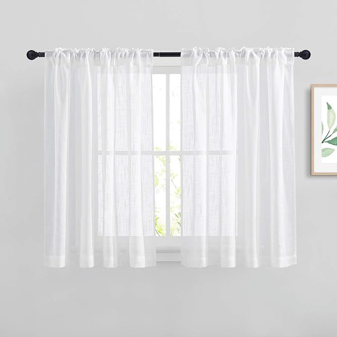 NICETOWN White Short Sheer Kitchen Curtains 45 inches Length, Linen Look Rod - Image 3