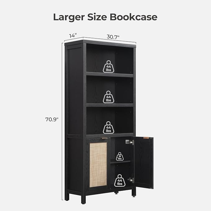 SICOTAS Bookcase 71" Tall Bookshelf 5 Tier Rattan Boho Bookcase - Image 2
