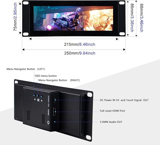 GeeekPi 7.84 inch 1280x400 LCD Touch Screen 2U Rack Mount Monitor - Image 3