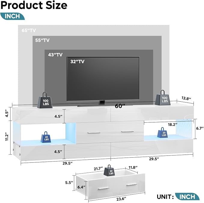 Bestier TV Stand for 55/60/65 Inch TV, High Gloss Modern TV Stand - Image 2
