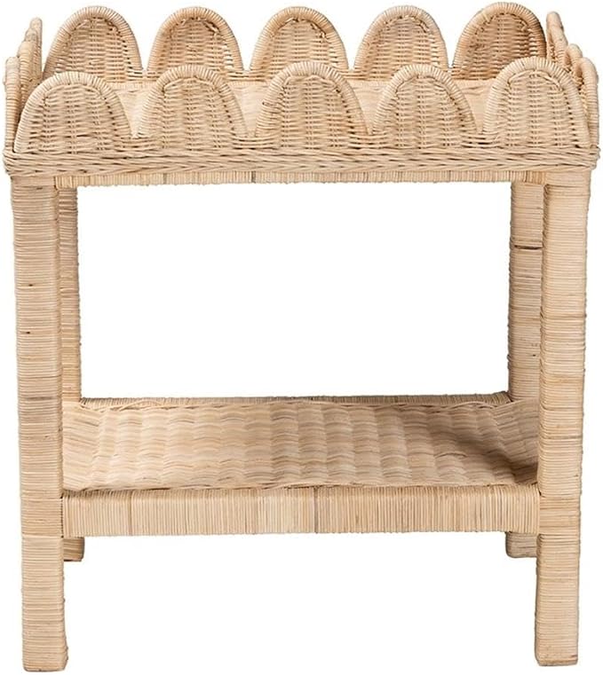 Pemberly Row Bohemian Scallop Side Table, Natural Rattan and Mahogany Wood - Image 4