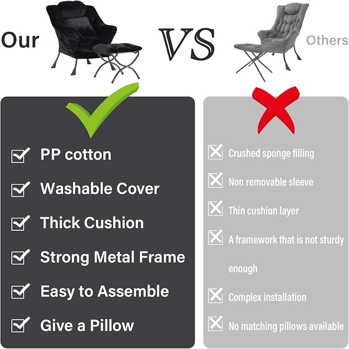 Lazy Chair with Ottoman, Large Black Accent Chair with Ottoman and FA Throw - Image 7