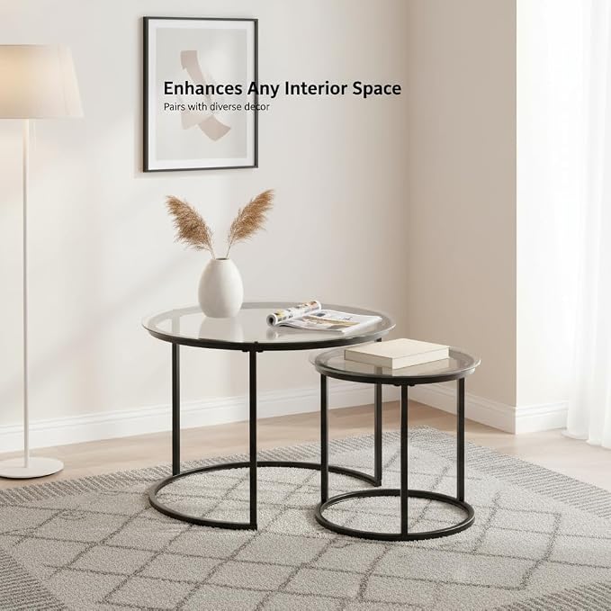 Round Nesting Coffee Table Set of 2, Modern Glass Nesting Tables, Stacking - Image 5