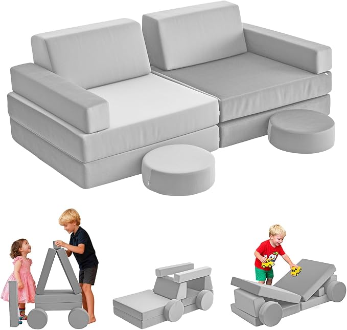 12 Pcs Modular Kids Play Sofa Convertible Foam Floor Mat and Play Fortress by FURNAWAY