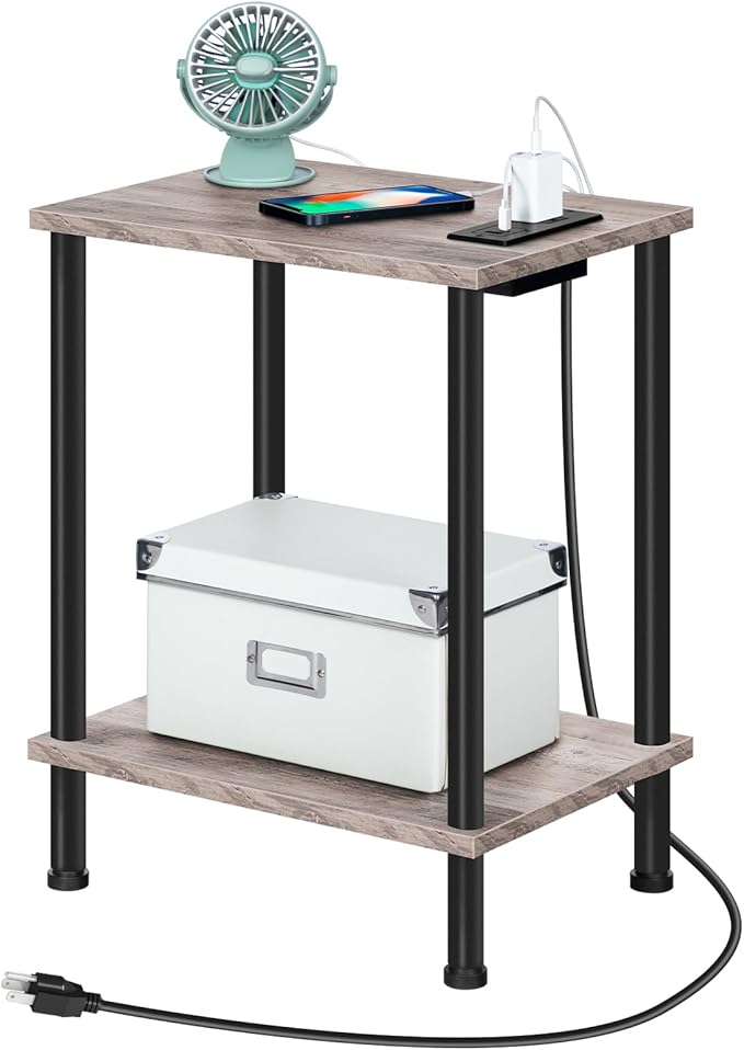 HOOBRO Side Table with Charging Station, Nightstand with 2-Layer Storage Shelves - Image 6