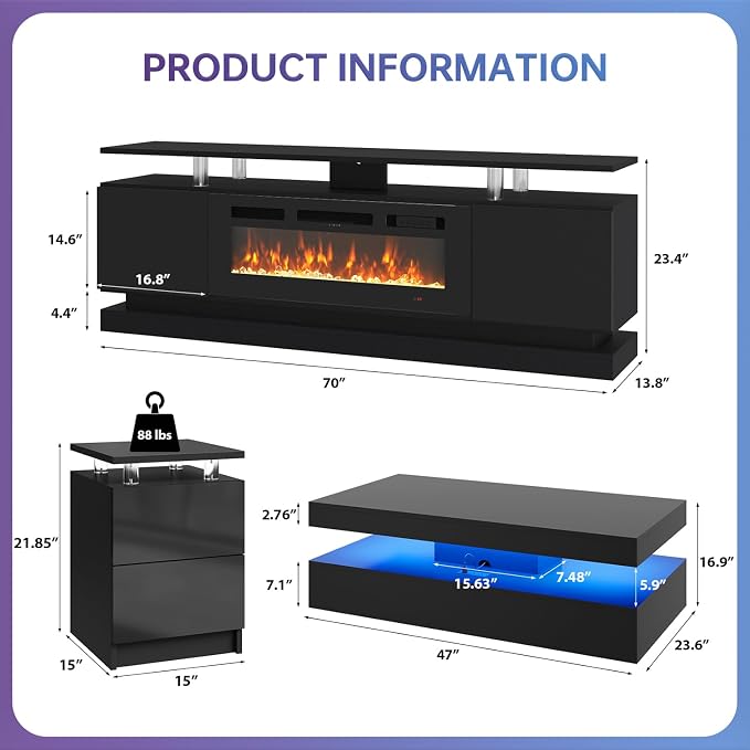 4-Piece Modern Living Room Table Set, Includes High Gloss 70" Fireplace TV Stand - Image 3