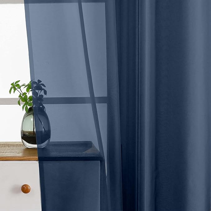 Navy Blue Valances for Windows 14 inch Length 2 Panels, Small Voile Sheer - Image 4