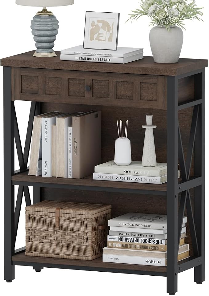FATORRI Small Bookcase with Drawer, Industrial 3 Shelf Bookshelf, Wood and - Image 8