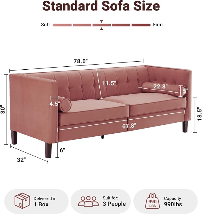 Dreamsir 78'' W Velvet Sofa, Mid-Century Modern Love Seats Sofa Furniture - Image 2