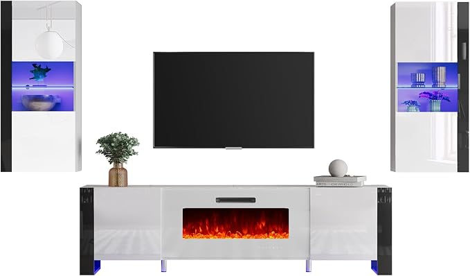 AMERLIFE 3-Piece Modern Wall Unit Entertainment Center Set, High Gloss 80" - Image 8
