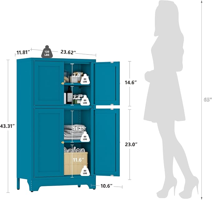 YAUWOH Blue Bathroom Floor Cabinet, Metal Storage Cabinet - Image 3