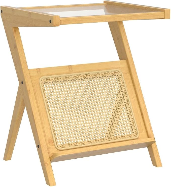 Bamworld Rattan Side Table Boho Night Stand Glass Bedside Small End Tables - Image 4