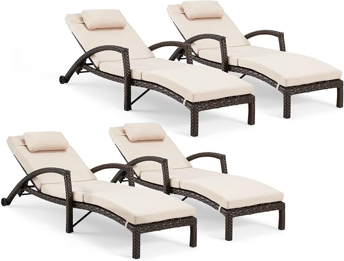 HOMREST Chaise Lounge Chairs Set of 4, PE Rattan Wicker Lounge Chair by HOMREST