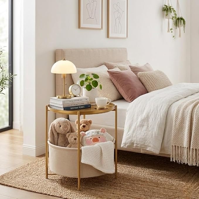danpinera Gold Side Table with Fabric Storage Basket, Metal Round Side Small - Image 7
