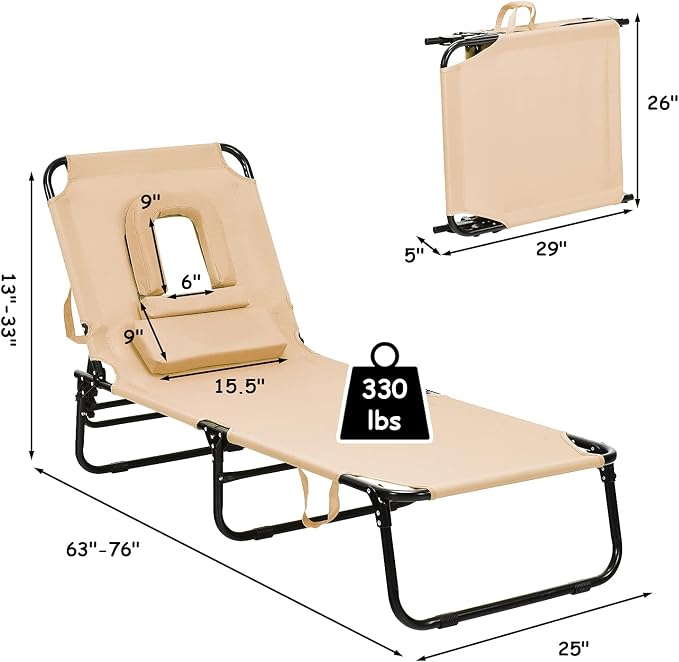 Folding Beach Lounge Chair w/ 5 Adjutable Backrest & Padded Pillow, Sunbathing - Image 3