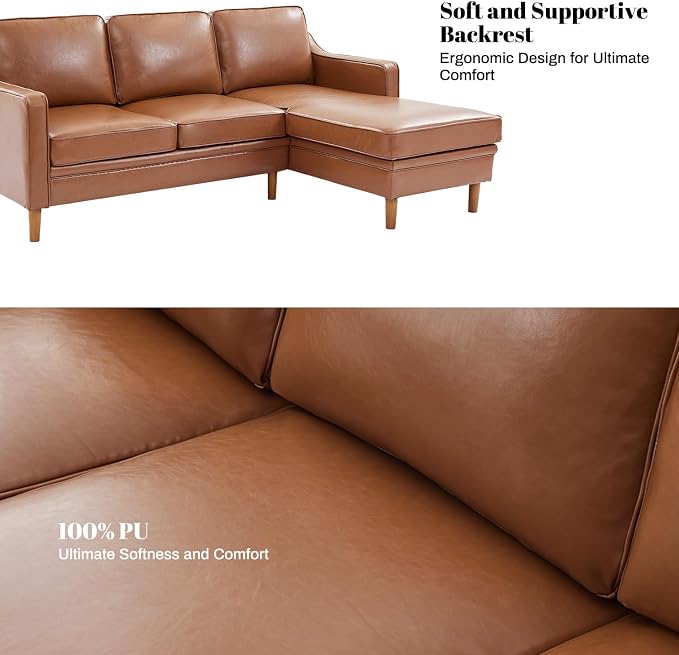 Kingfun 88" L-Shape Sofa, Faux Leather Sectional Couch, Mid Century Modern - Image 6