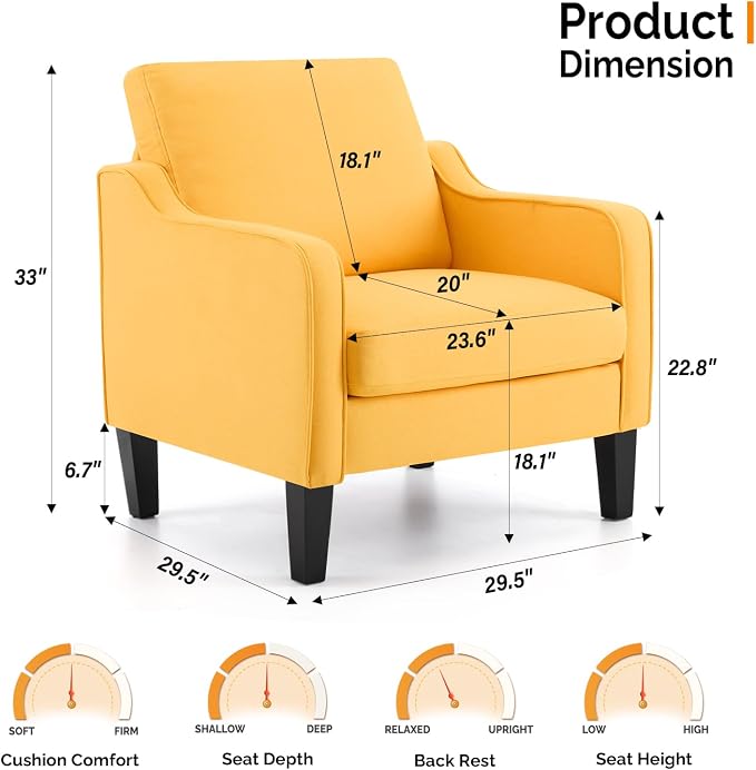VINGLI Accent Chair for Living Room Chairs Yellow Reading Chair for Bedroom - Image 3