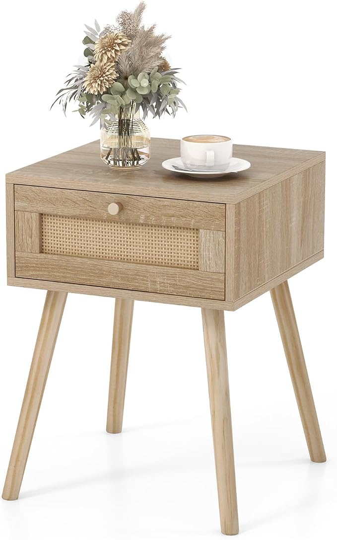 Giantex Boho Rattan Nightstand, Mid Century Wood Night Stands by Giantex