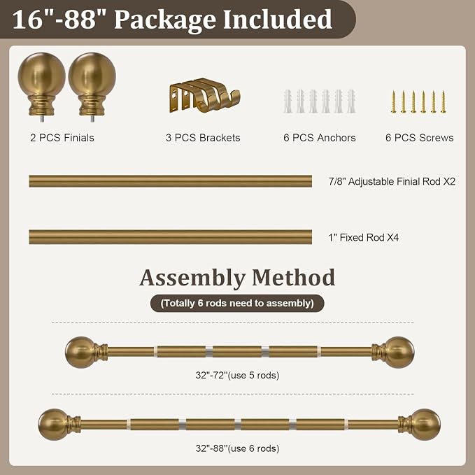 Warm Gold Curtain Rods for Windows 48 to 84 Inch 1" Diameter Adjustable Heavy - Image 9