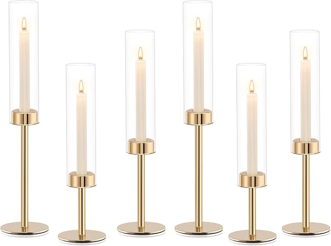 Gold Hurricane Candle Holders Set of 6, Tall Metal Windproof Glass Taper Candle - Image 9