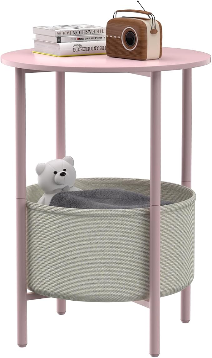 DGSANDGO Round End Table with Fabric Basket, Bedside Table with Storage by DGSANDGPuttheCustomerFirst