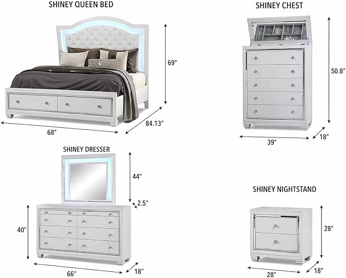 First of a Kind Shiney Contemporary 5 Piece Queen Bedroom Set High Gloss White - Image 9