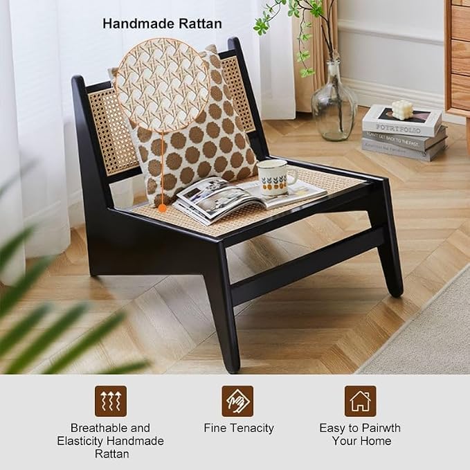 homary Japandi Rattan and Wood Lounge Chairs Mid Century Modern Armless Accent - Image 3