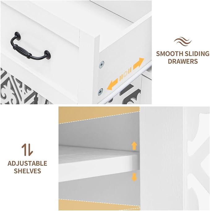 59″ White Bohemia 4 Heart Shaped Carved Doors, 2 Drawers and 2 Adjustable - Image 5