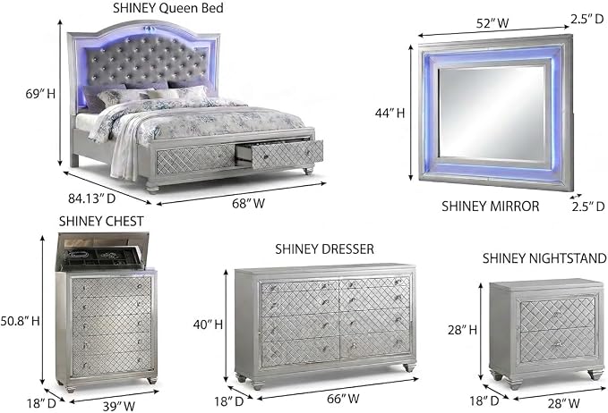 First of a Kind Shiney Contemporary 5 Piece Queen Bedroom Set High Gloss Silver - Image 9