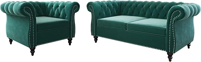 2 Piece Living Room Set, Velvet Chesterfield Sofa Loveseat Couch Chair by ORRD