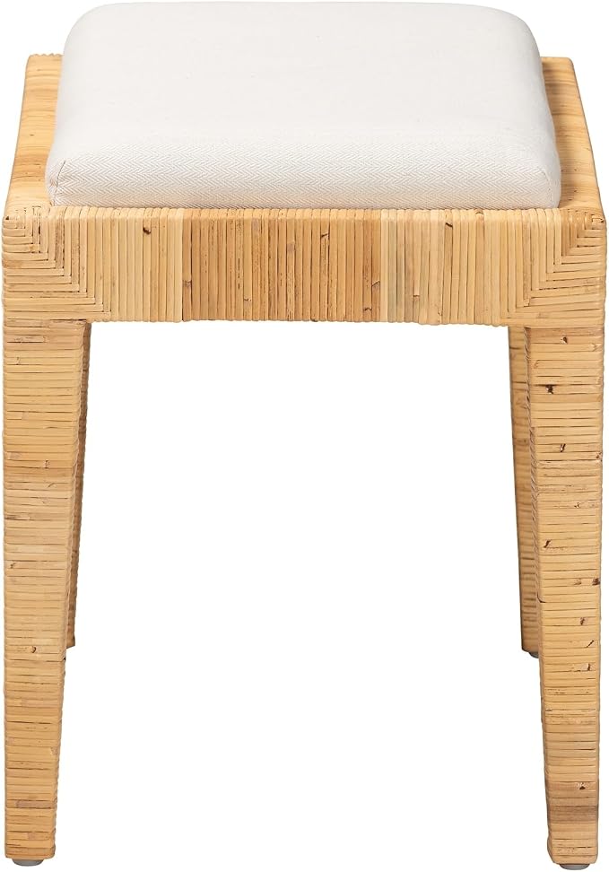 Modern Bohemian Natural Brown Rattan and Mahogany Wood Ottoman Cream Eclectic - Image 4